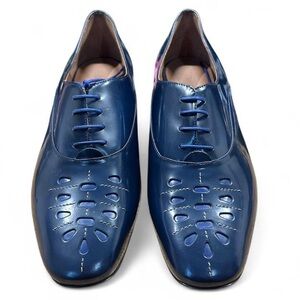NEW Emporio Armani Patent Leather Blue Oxfords Geometric Laser Cut - Size 7.5